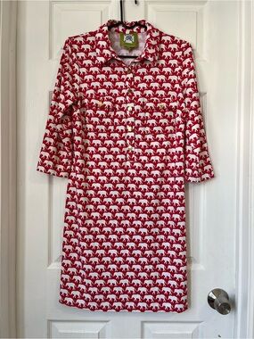 Elizabeth McKay Taylor Elephant Print Shirt Dress Red White Medium